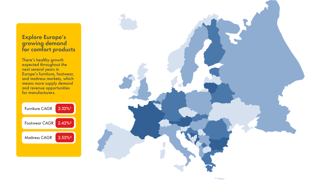 A map of Europe with tagline 'Flexibility is the key to success 'Explore Europe's growing demand for comfort products'